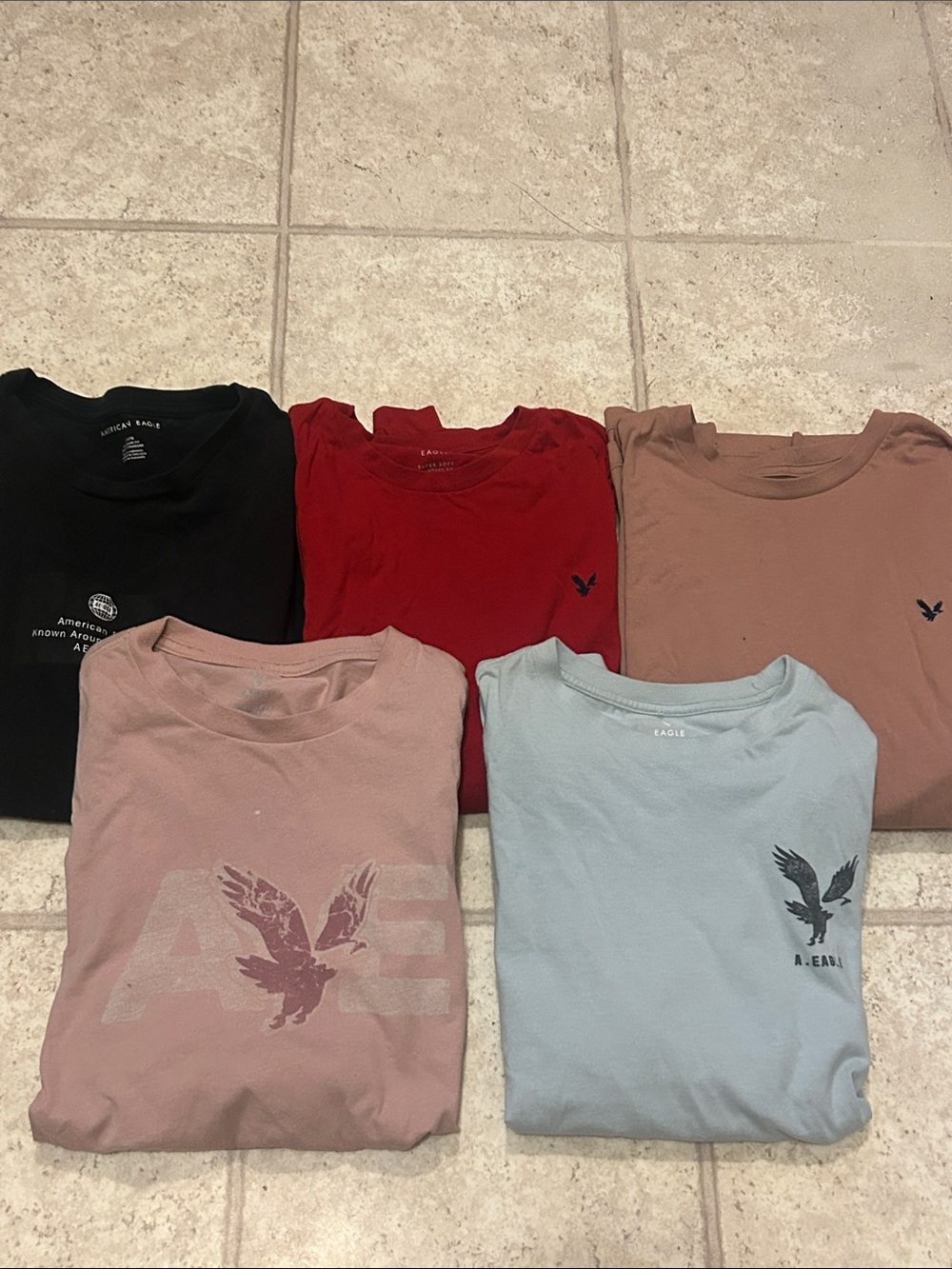 American Eagle Men's Crew Neck Tee Lot - Black, Red, Mauve, Pink, Light Blue